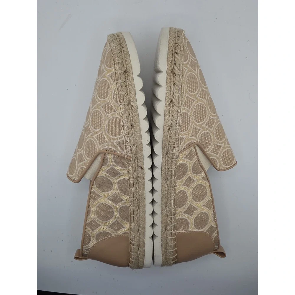 Nine West Womens Espadrille‎ Slip On Flats Beige Gold Logo Print Size 9